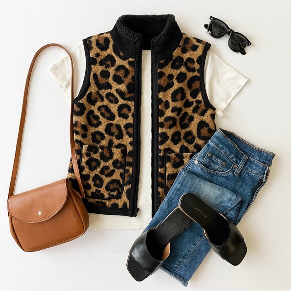 Cuddl Duds Leopard Sherpa Vest Reversible Fleece Brown Black M Cabincore - Picture 2 of 9